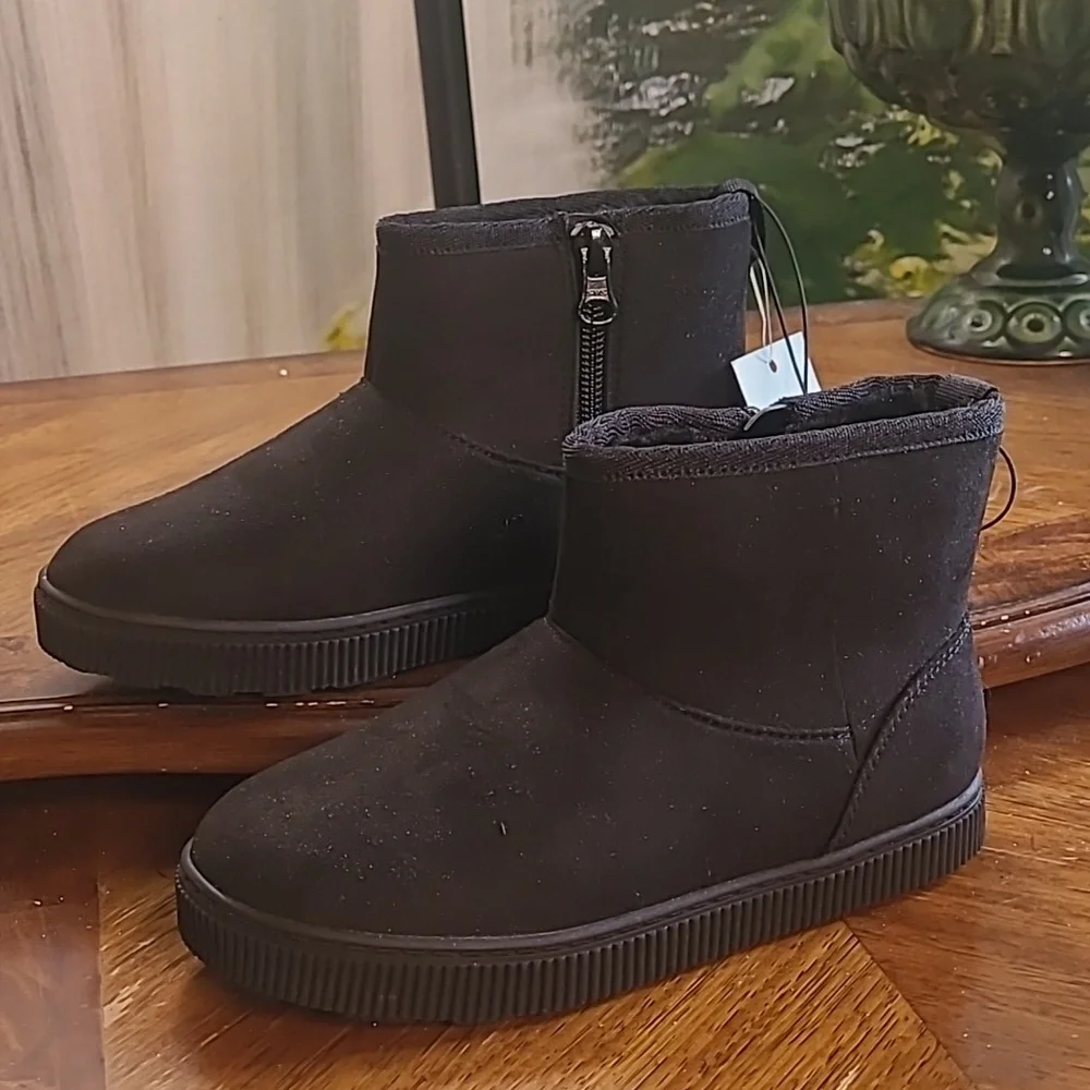 NWT! Cat & Jack Girls 4 Black Suede Shearling Faux Fur Lined Boots Side Zippers